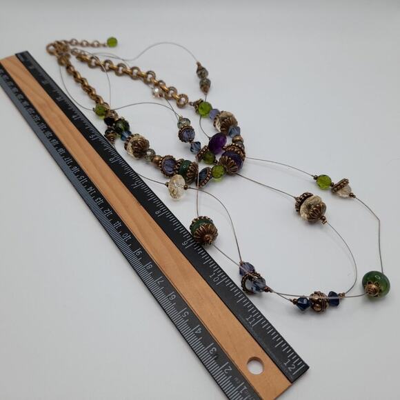 Chico's Three Strand Rhinestone Layering Necklace, Green Purple Beads, 19 Inches - Picture 5 of 12